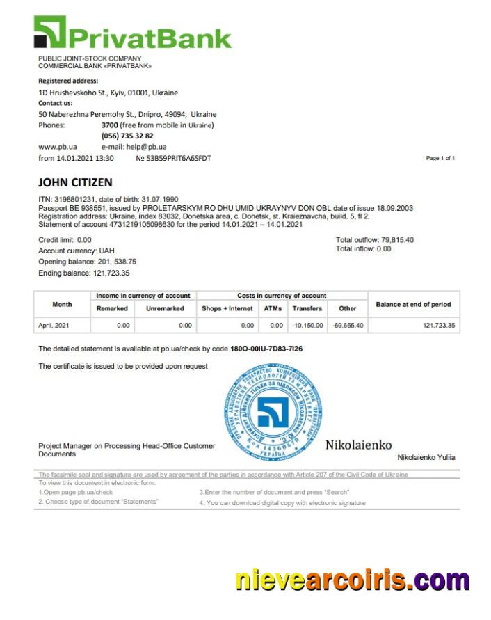 Ukraine Privatbank bank statement in Word and PDF format